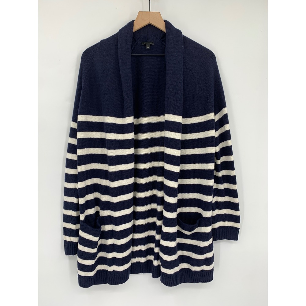 Talbots Sweater Womens Medium Blue Striped Shawl Collar Thick Cotton Cashmere